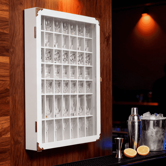 Ymokee 49 Shot Glass Display Case, Fully Assembled Lockable Wall Mounted Display Box with Acrylic Door for Home, White