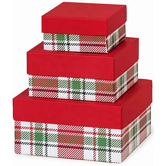 Made in USA Recycled Paper Kraft Boxes – 3.25”, 4.25” & 5.25” – Nested Squared Boxes with Lids (Small Set of 3 - Christmas Plaid)