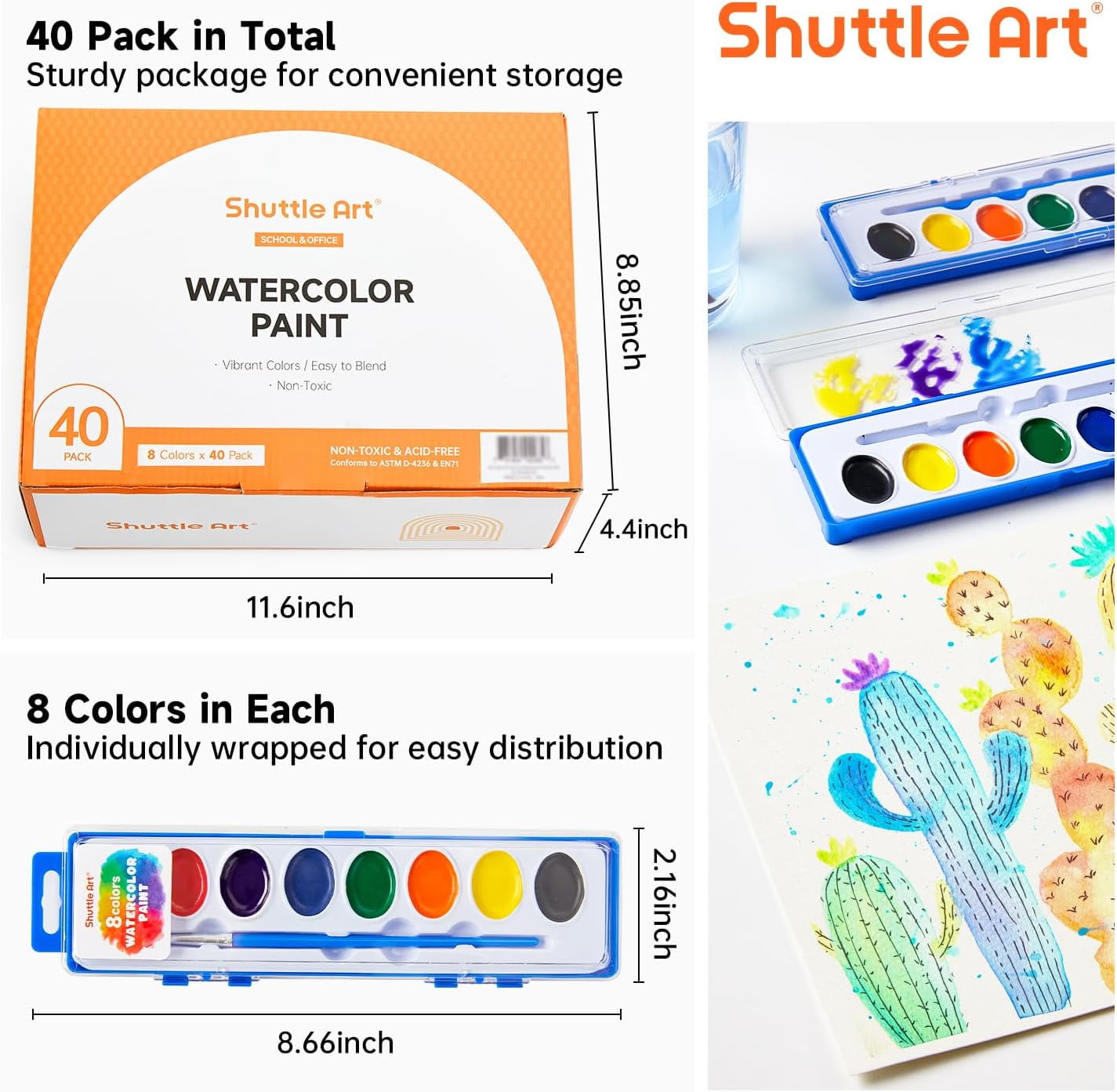 8 Colors Watercolor Paint Set Bulk, Pack of 40, Shuttle Art Watercolor Paint Set with Paint Brushes for Kids and Adults