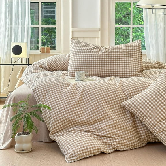 Queen Comforter Set Tan Gingham Comforter Modern Style Beige Plaid Comforter Set 3 Pieces Fluffy Grid Checkered Comforter with 2 Pillowcases Boho Gingham Bedding Set Queen Size