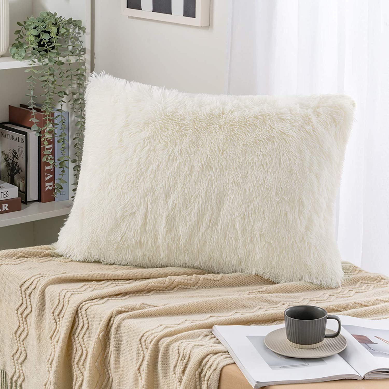 Iguohao Decorative Luxury Faux Fur Body Pillow Cover Long Bed Pillowcase Plush Throw Pillow Cover Hidden Zipper Closure For Sofa Bedroom Pregnant Adul