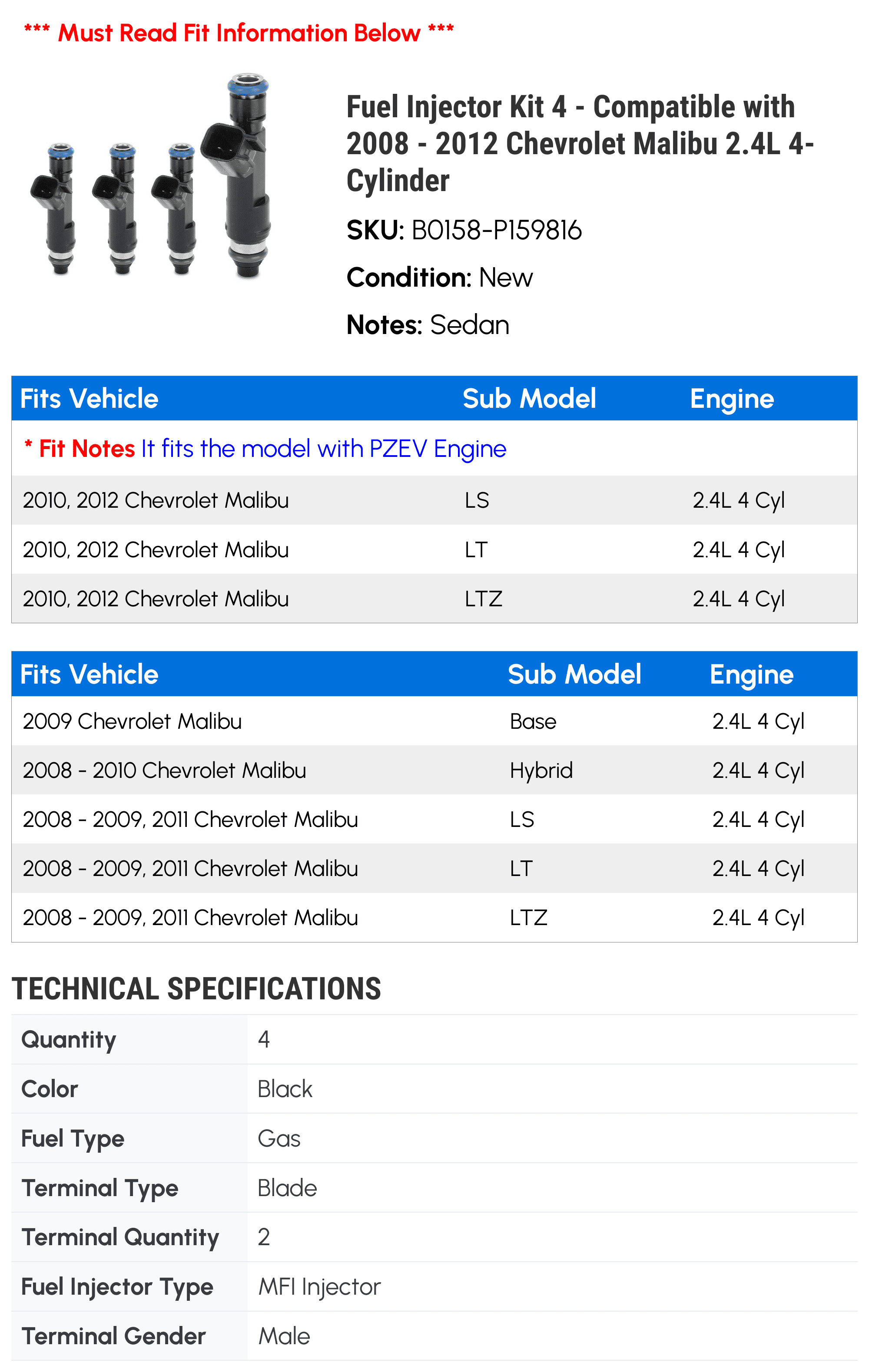 Fuel Injector Kit 4 - Compatible with 2008 - 2012 Chevrolet Malibu 2.4L 4-Cylinder - Autopart Premium