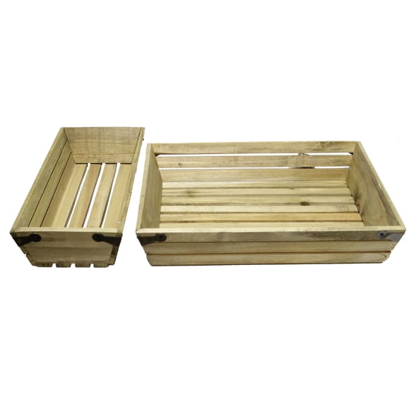 Set of 2 Natural wood small shallow rectangle crate with metal corner design