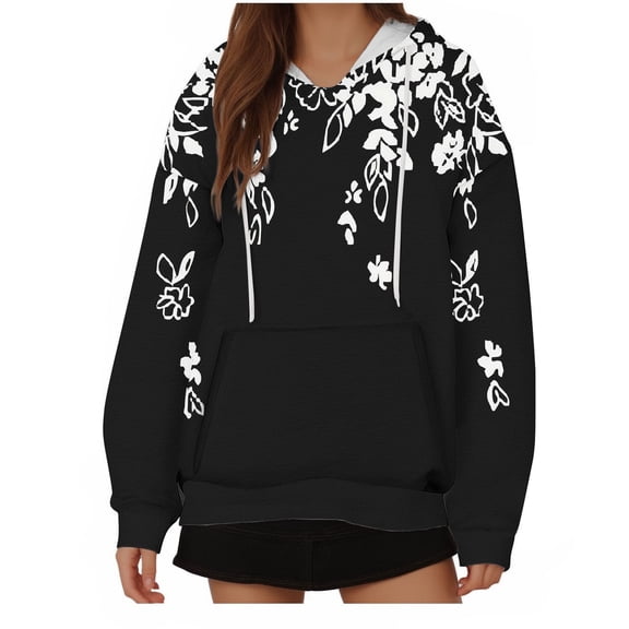 WREESH Women's Trendy Oversized Hoodie Fashion Floral Print Long Sleeve Casual Sweatshirt Drawstring Hooded Pullover Black