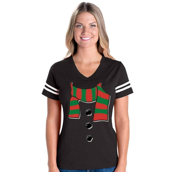 Womens Christmas Snowman Scarf Football V-Neck T-Shirt
