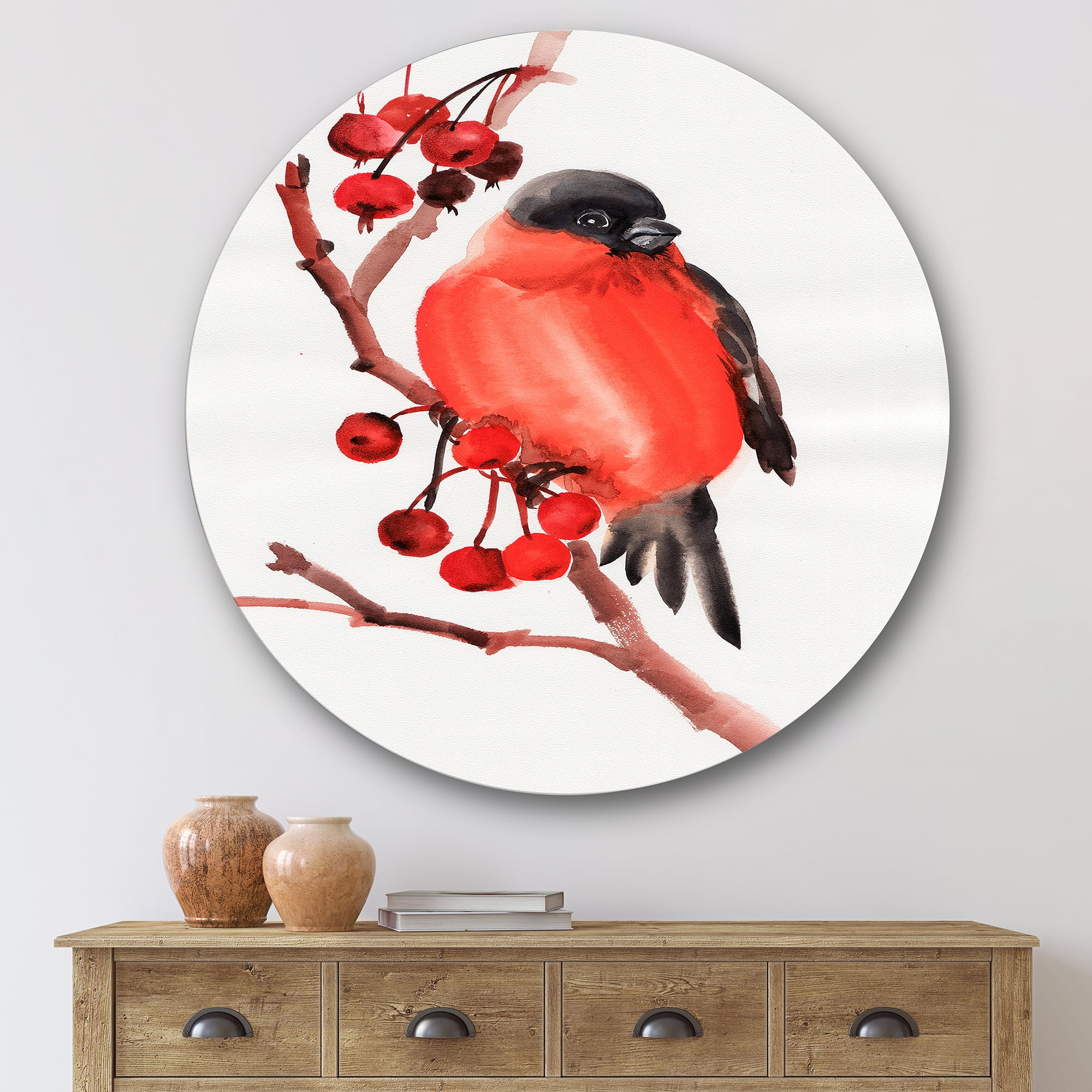 Designart 'Red Bullfinch Bird Sitting On A Branch With Berries' Traditional Circle Metal Wall Art 29x29 - Disc of 29