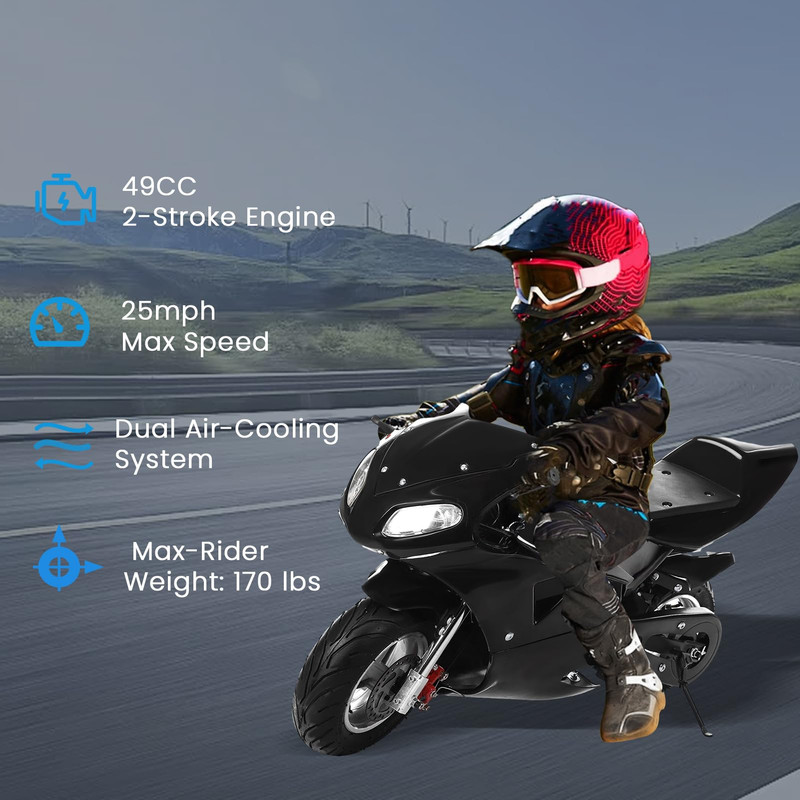 Seipouy Mini Motorcycle, 49cc 2 Stroke Pocket Bike, Gas Motorbike, Racing Max Speed 20Mph, Dual Headlights 1.25L Gas Tank, Max Load 170lbs, for Kids