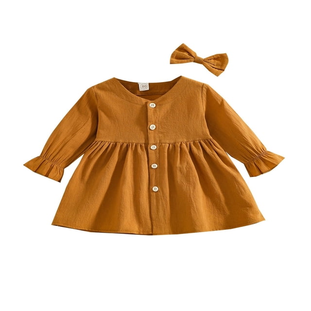 Tenues d'Automne 2 Pcs pour Filles Tout-Petits Robe Mignonne à Manches Longues Col en V avec Nœud pour Cheveux