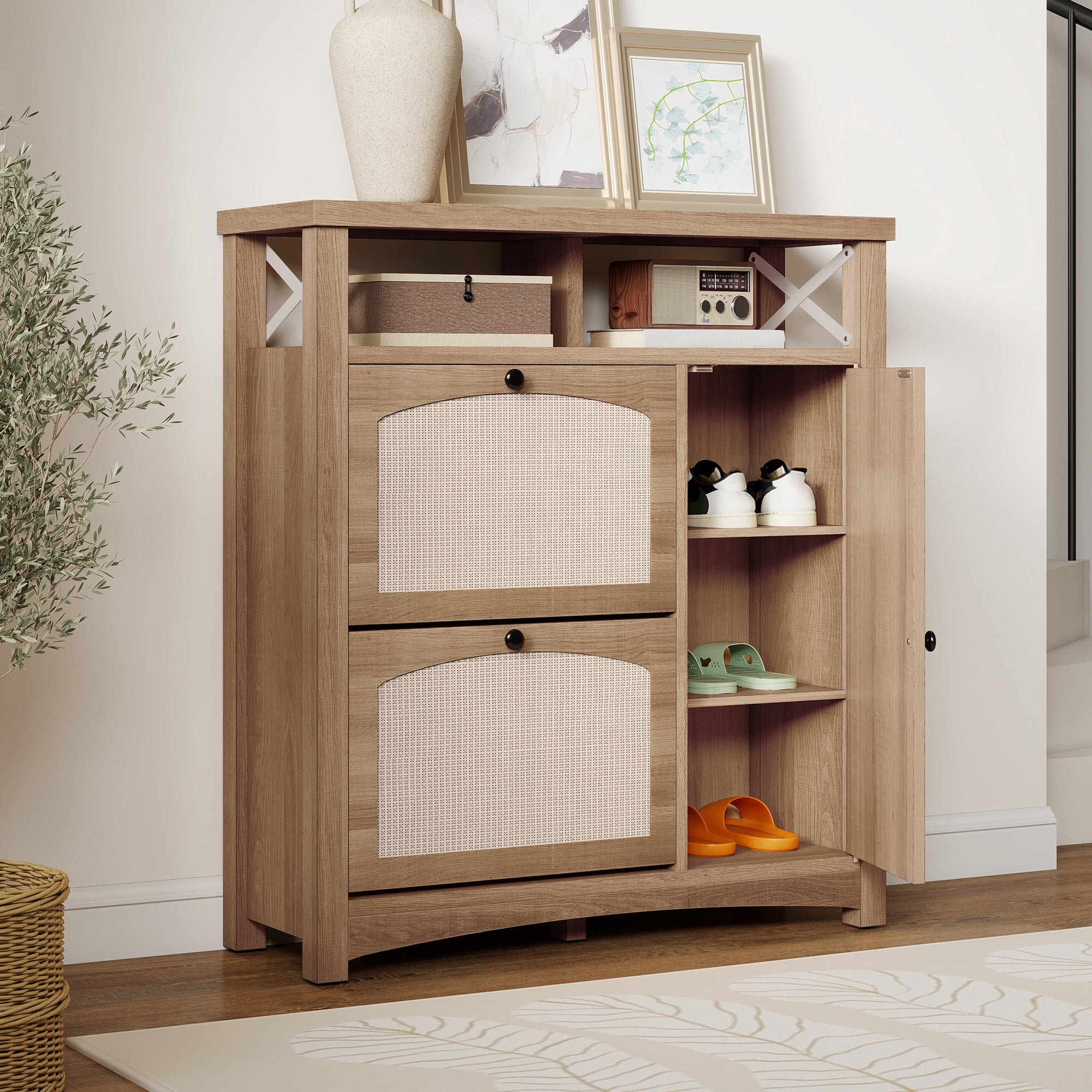 Uforic Shoe Cabinet with 2 Flip Drawers & Door, Farmhouse Shoe Organizer  Rack with Open Shelf, Oak