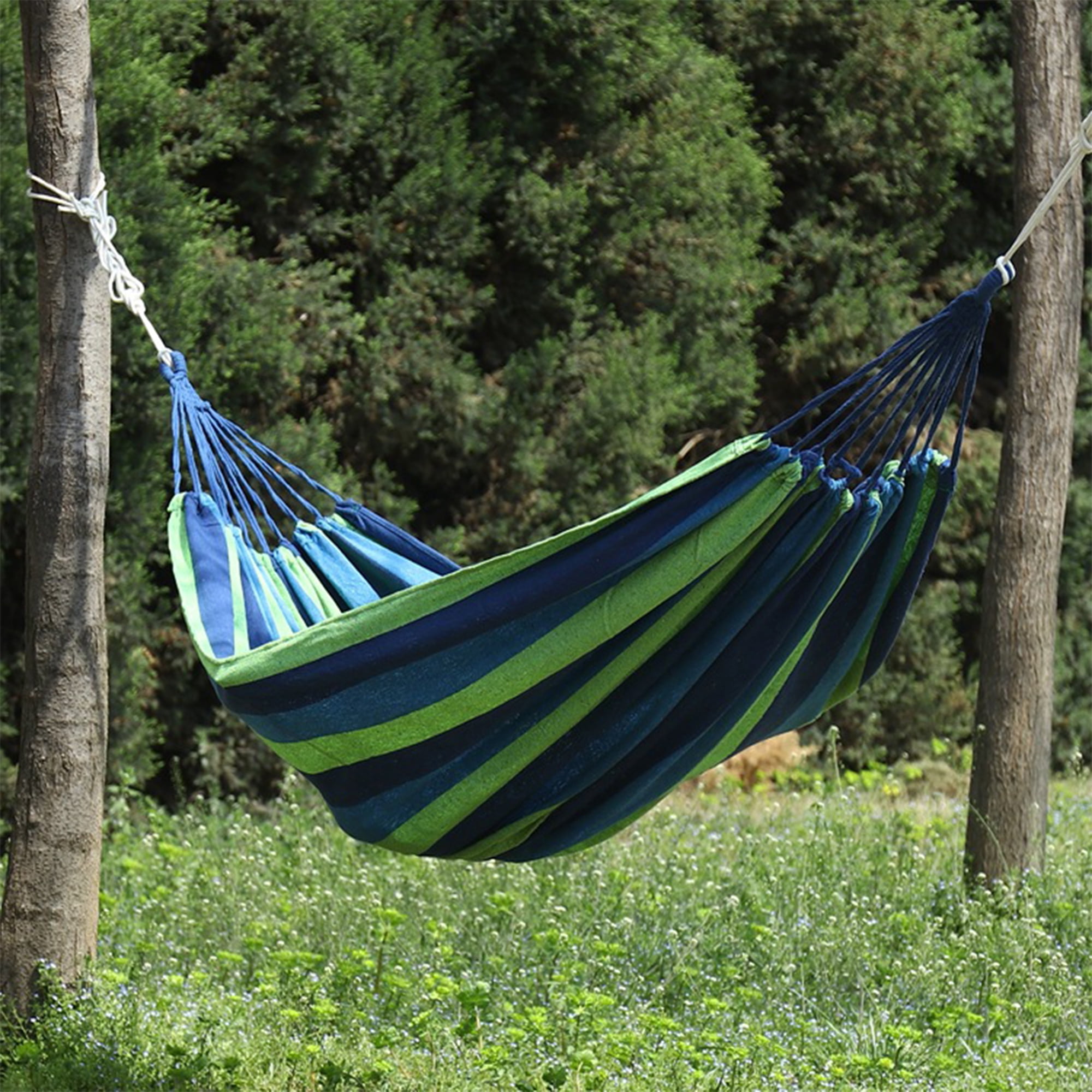 Unique Bargains 1 Pc No Stick Double Hammock for Outdoor Blue Green 102.36" Length