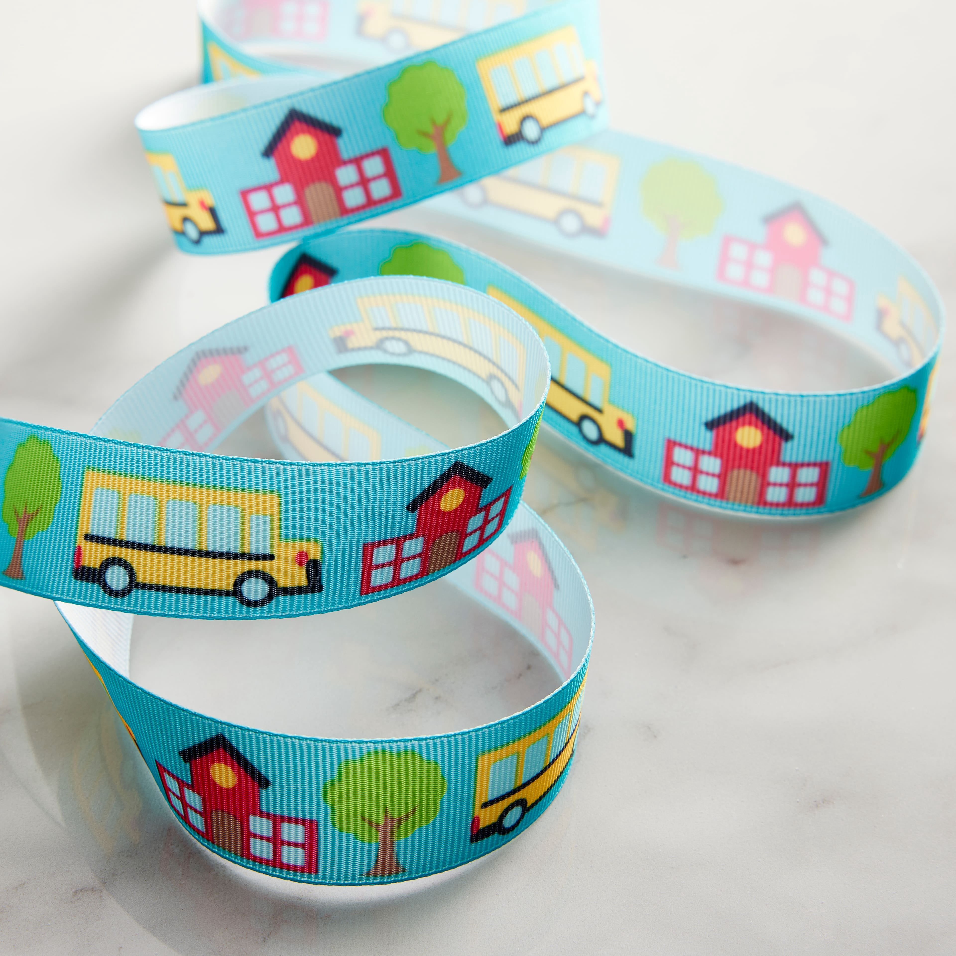 Celebrate It 7/8" x 5yd. Blue, Yellow & Red Pattern Grosgrain School Bus Ribbon - Non-Wired with Woven Selvage, Polyester, Ideal for Gift Wrapping, Baskets & Back-to-School Crafts, 12 Pack