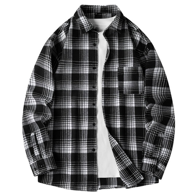 LOVZFMLL Jackets for Men Casual Fashion Men's Long Sleeve Plaid Shirt With Pockets Button-up Jacket