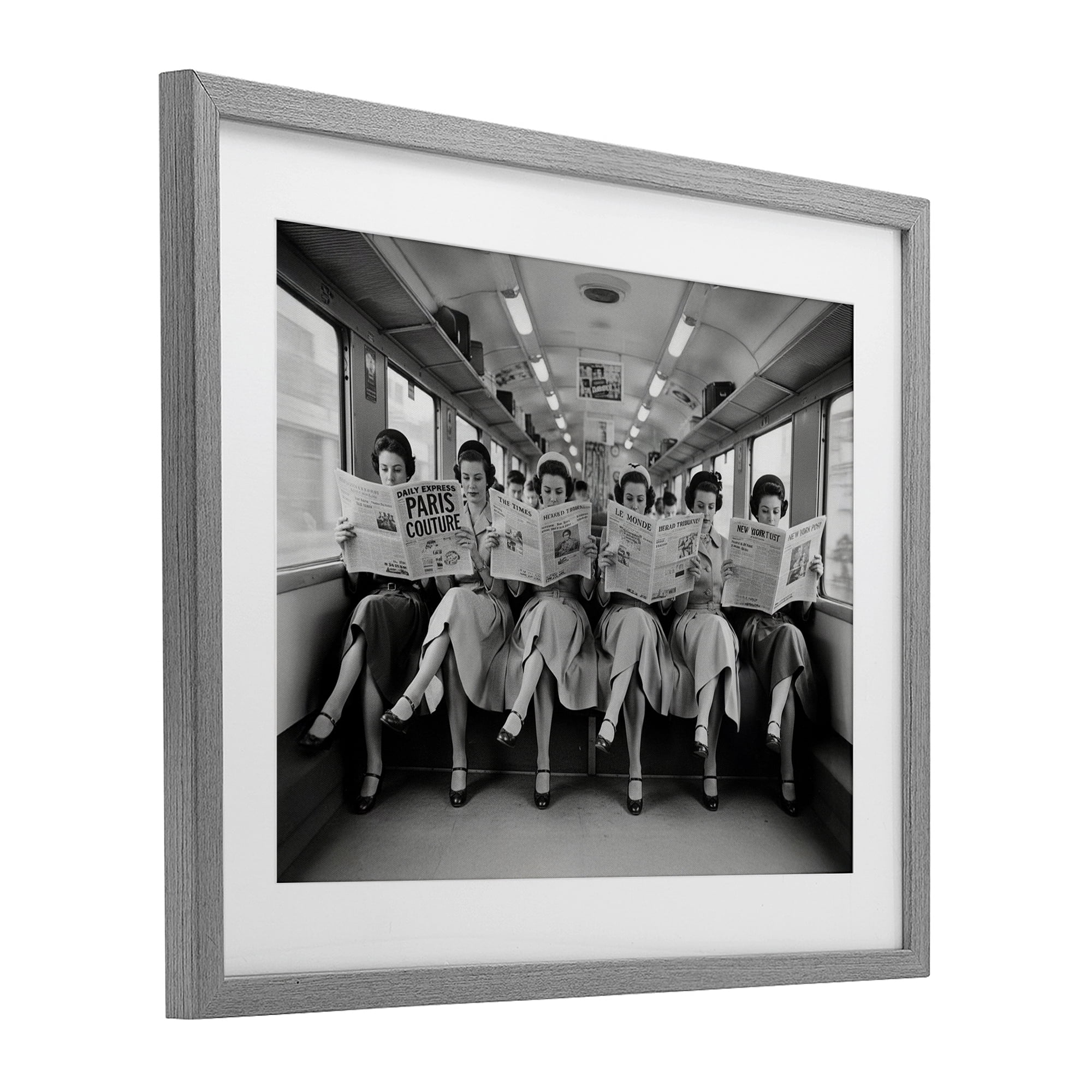 Stupell Industries Newsprint Ladies on Train Gray Framed Print Under Glass, design by A Barefoot Stylist