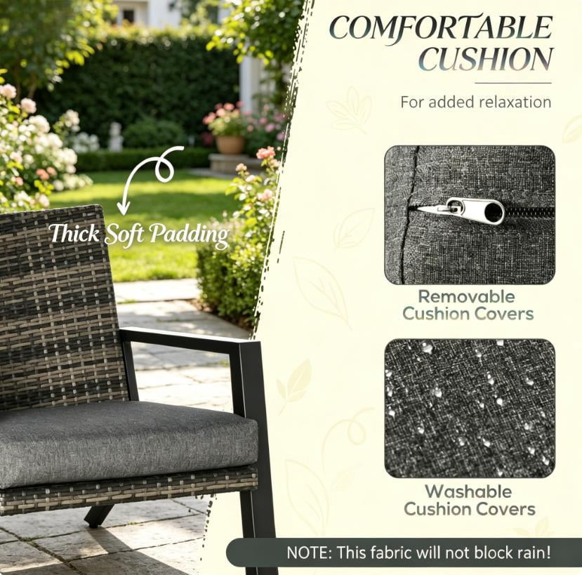 4-Piece Outdoor Rattan Patio Furniture Set,Loveseat,2 Chairs & Coffee Table,Weather-Resistant PE Wicker with Cushions,for Garden, Deck,Poolside