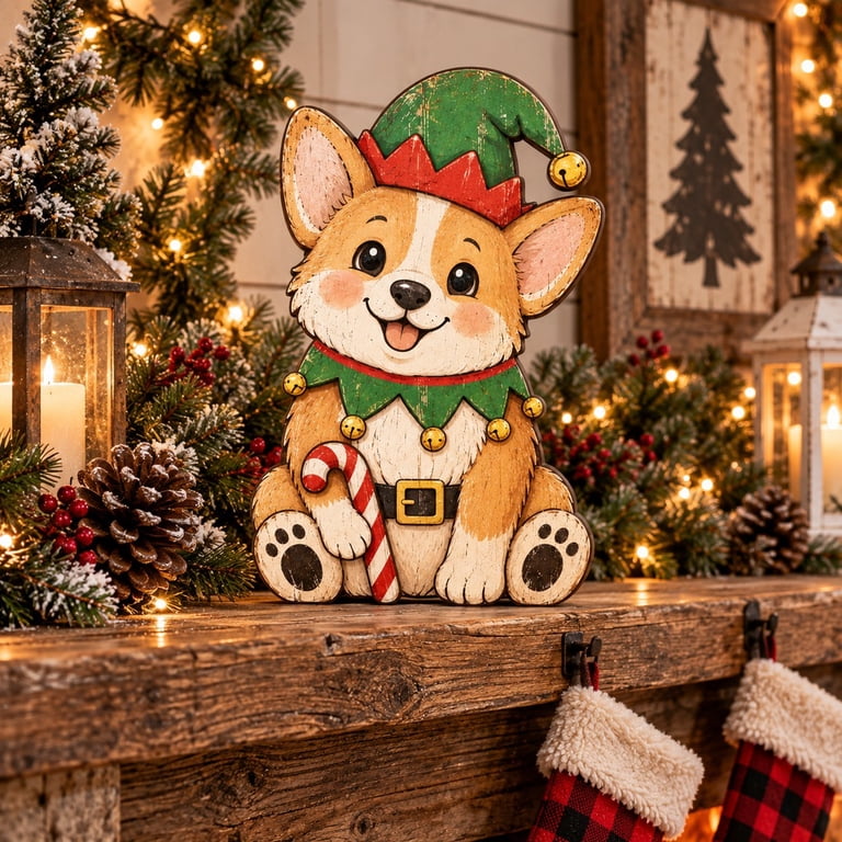 Wood Rustc 3 Layer Christmas Corgi Elf Wooden Stand, Rustic Tabletop Display for ...
