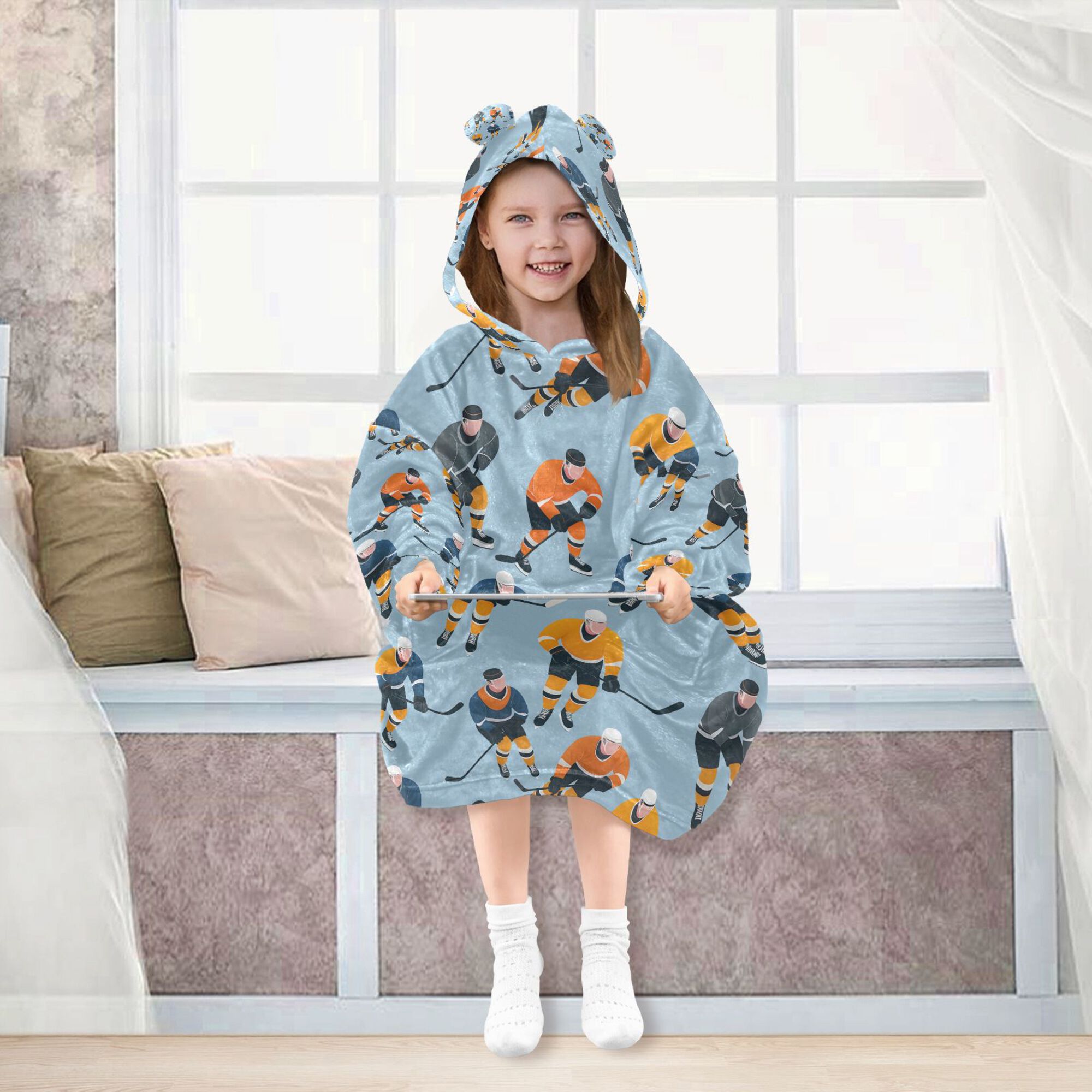 FORMRS Wearable Blanket Hoodie with Sleeves for Kids Cozy Flannel Sweatshirt, Cartoon Hockey Pattern