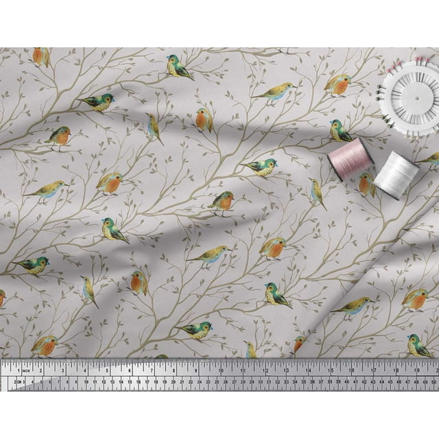 Soimoi Gray Poly Georgette Fabric Leaves & Flowerpecker Bird Decor Fabric Printed Yard 52 Inch Wide