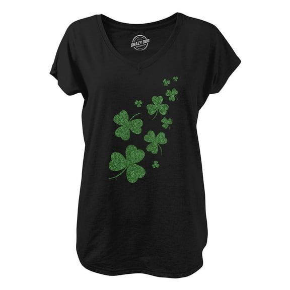 Womens Glitter Shamrocks V-Neck Funny Saint Patricks Day Shamrock Clover Shirt for Ladies