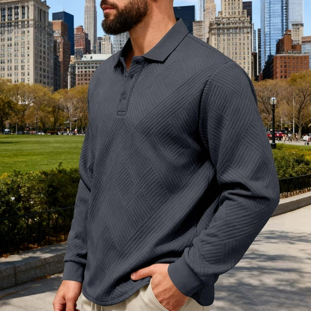 Blusa y camisa de manga larga con cuello vuelto para hombre, color liso, informal, con botones, cárdigan de media manga, top de solapa de manga larga, blusas de poliéster para hombre