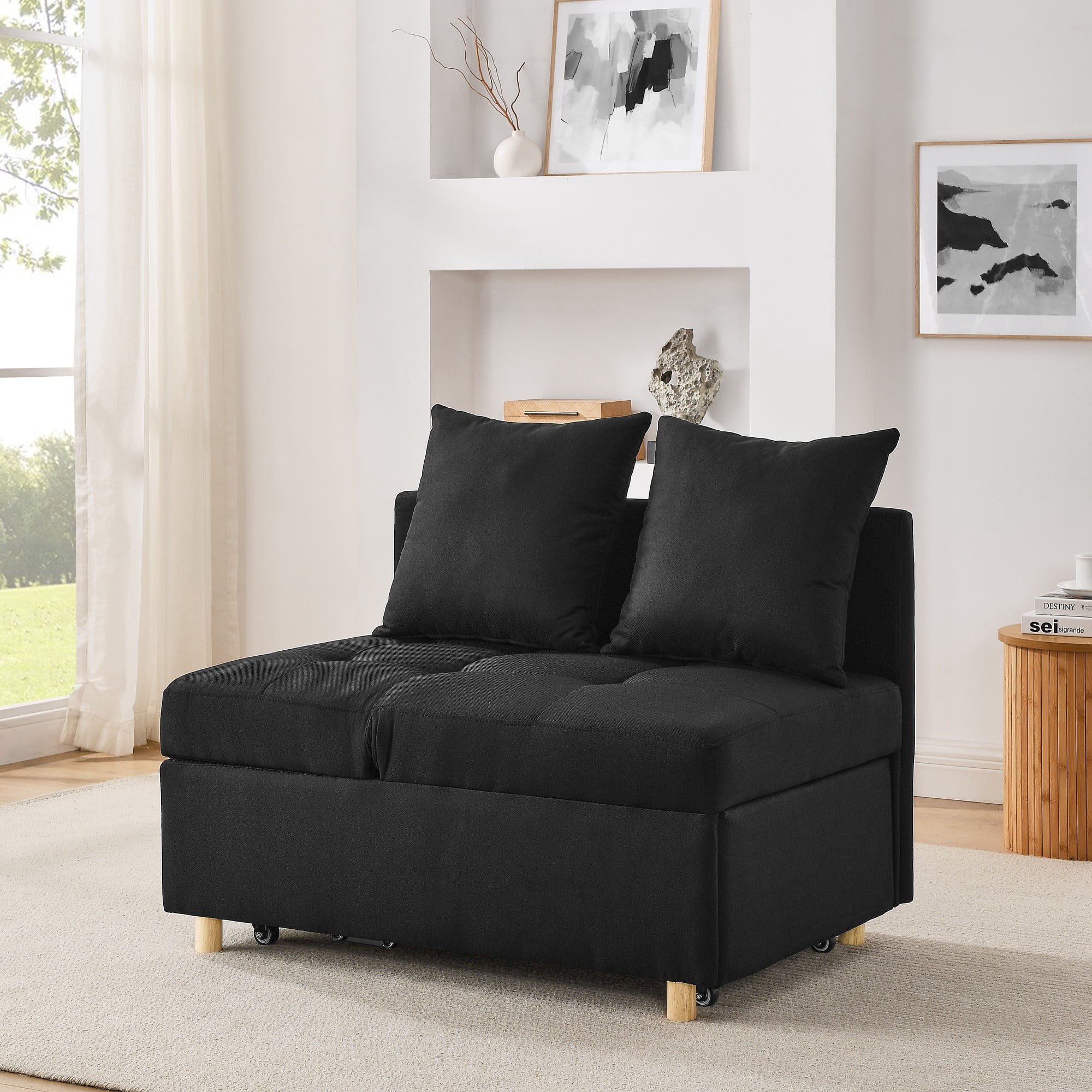 Leumius Sleeper Sofa Chair Bed 3 in 1 Convertible Bed Chair with Adjustable Backrest Linen Sleeper Chair Pull-Out Sofa Bed for Small Spaces,Living Room,Black