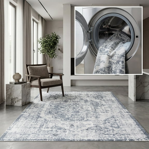 SAFAVIEH Baltimore Fedelma Medallion Polyester Machine Washable Area Rug, Light Gray/Blue, 8' x 10'