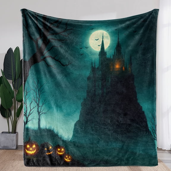 1pc Flannel Blanket, Halloween Pumpkin Castle Bat Tree Full Moon 2D Printed Throw Blanket, Warm and Comfortable Soft Flannel for Sofa Bed Couch Car Office Camping Travel, Gift Blanket Suitable for Al
