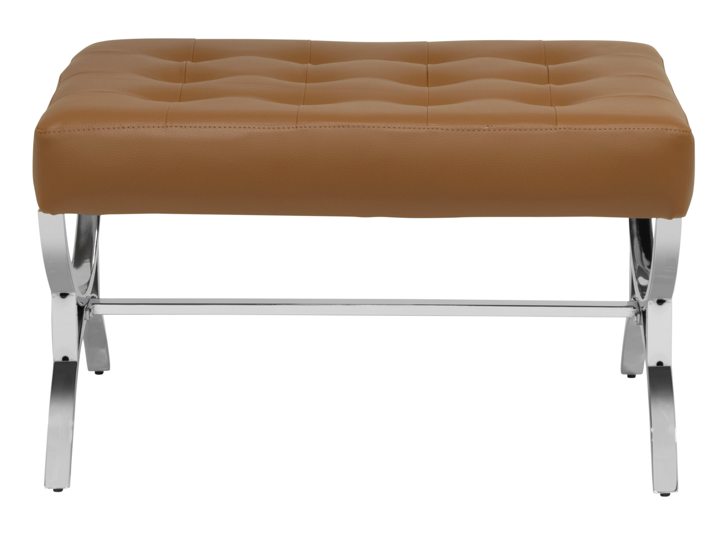 Studio Designs Home Newel Modern Square Ottoman Blended Leather and Chrome Metal Frame in Chrome and Caramel