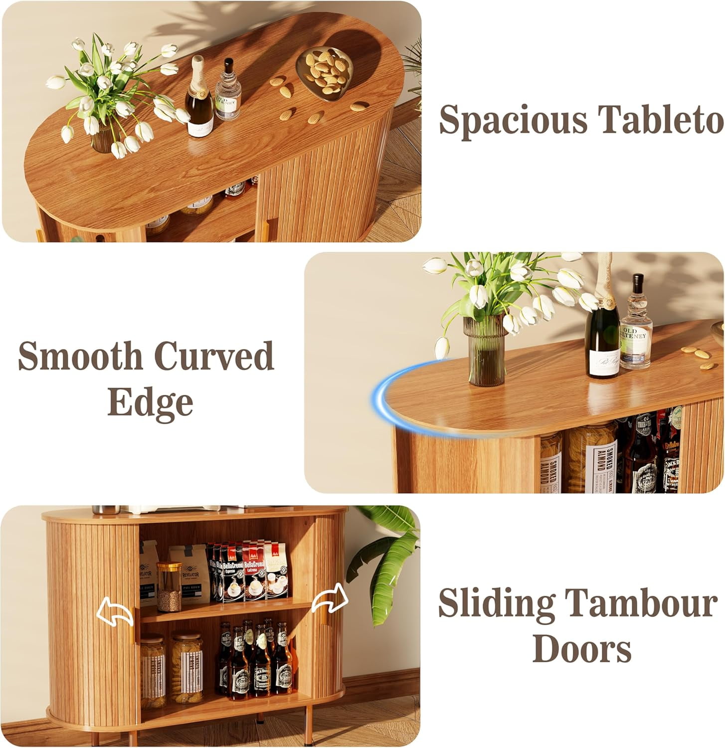 TiramisuBest Sideboard Buffet Cabinet with Storage, 40" Storage Cabinet with Fluted Tambour Sliding Doors & Adjustable Shelf for Entryway, Kitchen, Home Bar (Yellow Walnut)