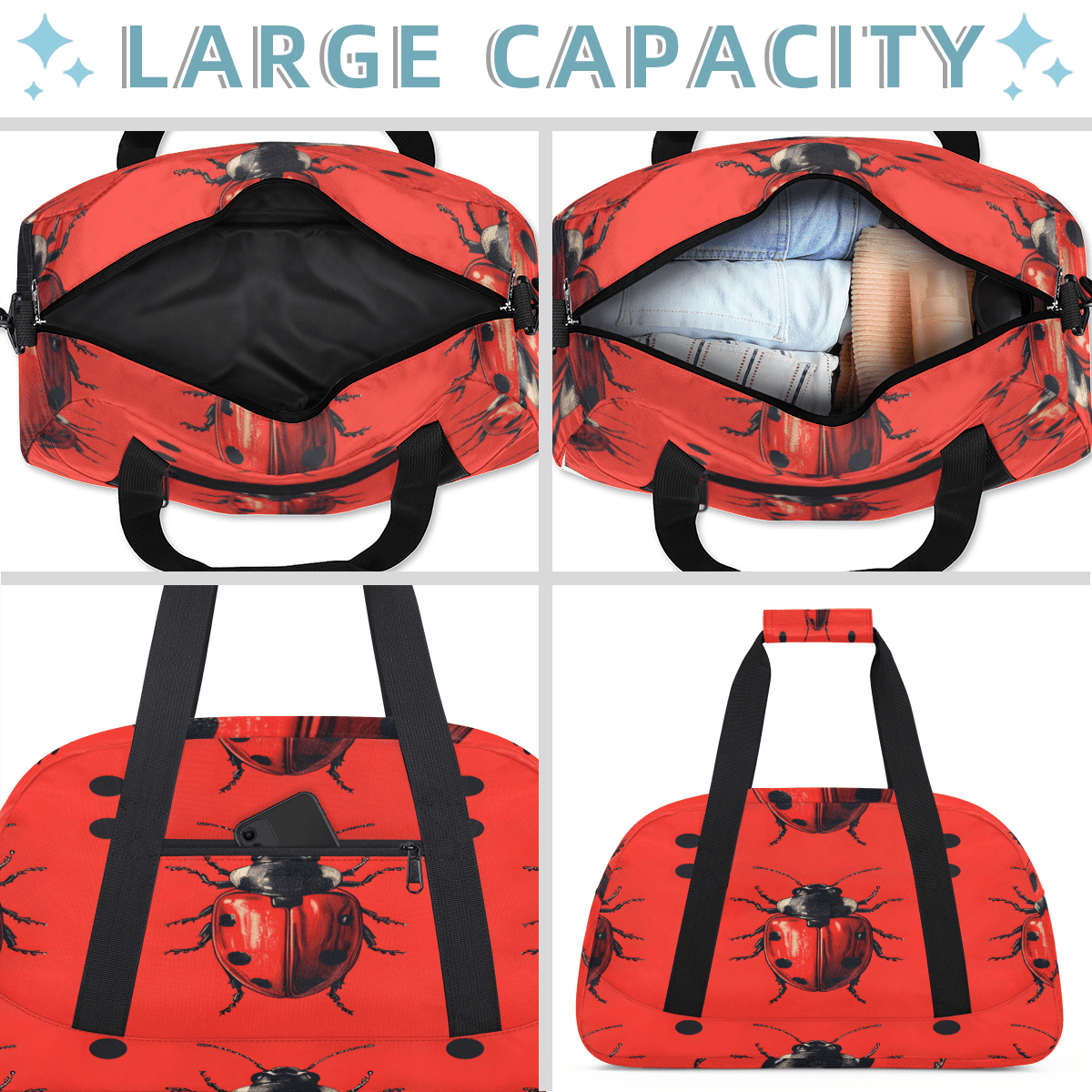 Herdesigns Animal Sports Duffle Bag for Women & Men, Cute Ladybugs Gym Bag Dance Bag Overnight Bag Carry On Weekender Travel Bag
