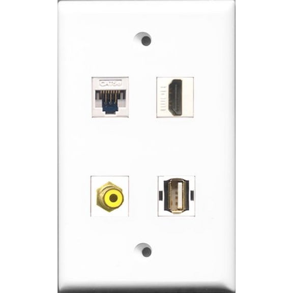 RiteAV - 1 Port HDMI and 1 Port RCA Yellow and 1 Port USB A-A and 1 Port Cat5e Ethernet White Wall Plate