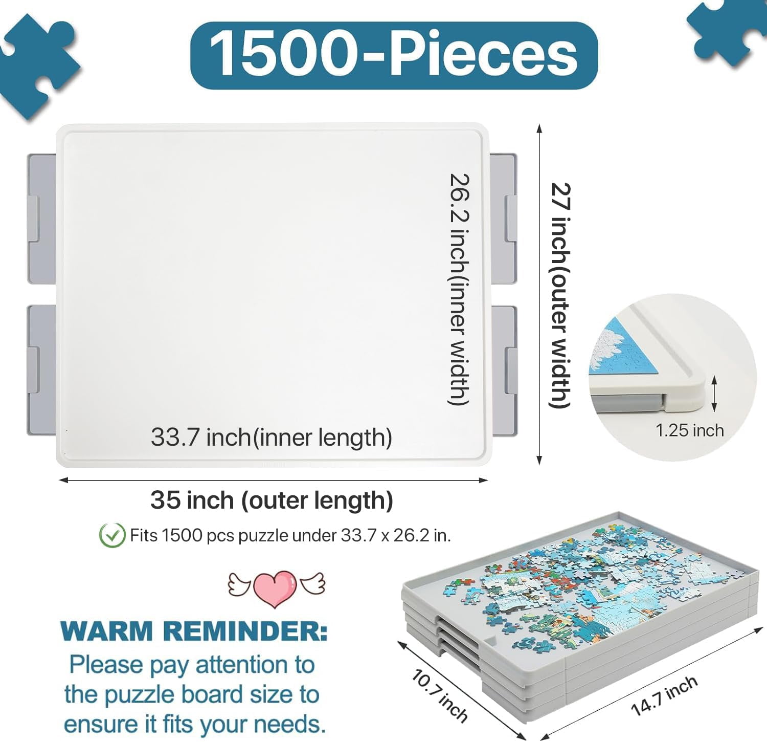 1500 Pieces Rotating Plastic Puzzle Board with Gray Drawers and Cover, 35"x27" Portable Spinning Jigsaw Puzzle Table for Adults, Upgraded Lazy Susan, Ideal Gift for Mum
