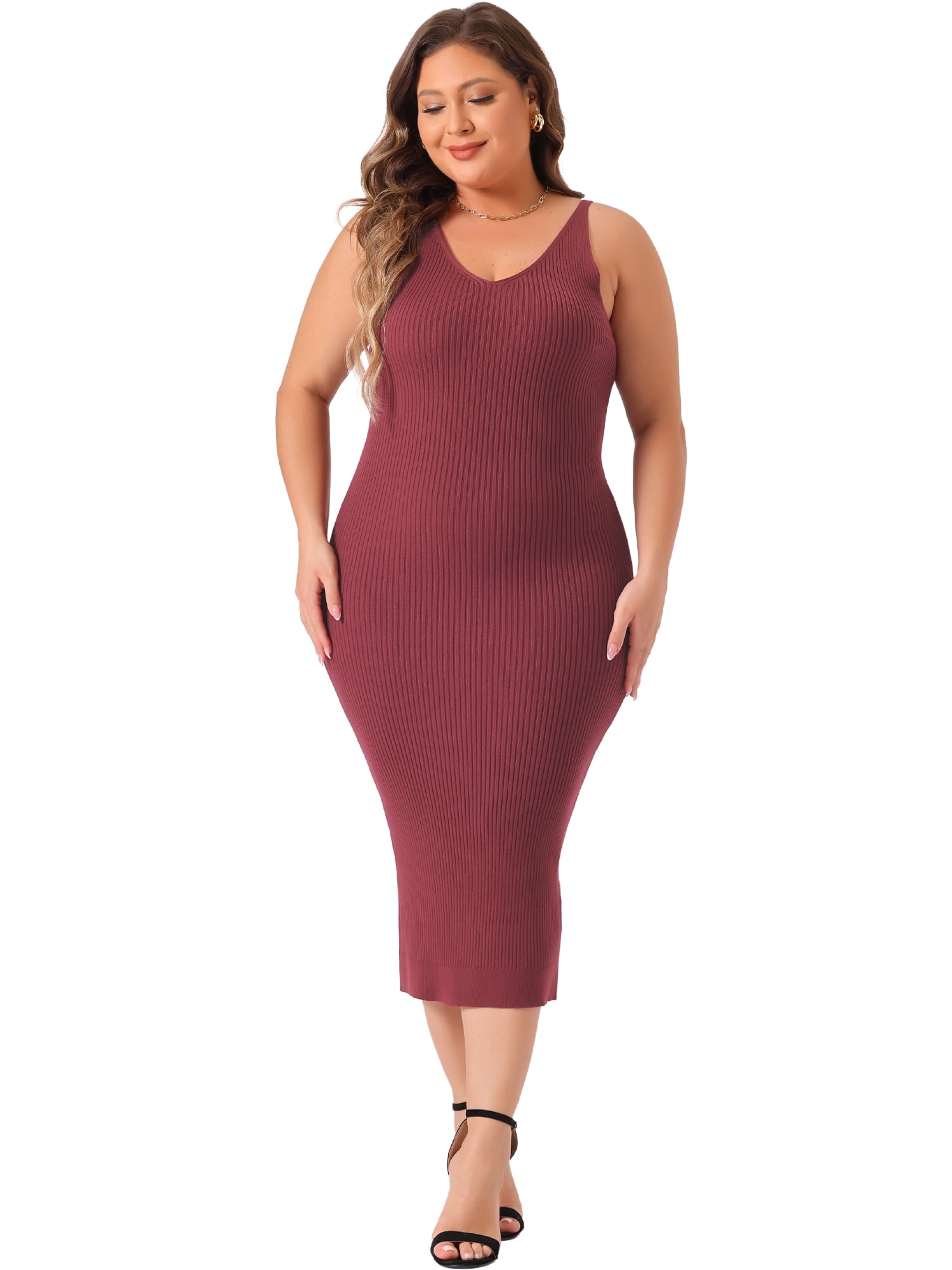 DARING DIVA Plus Size Sweater V Neck Ribbed Knit Bodycon Dress 3X Burgundy