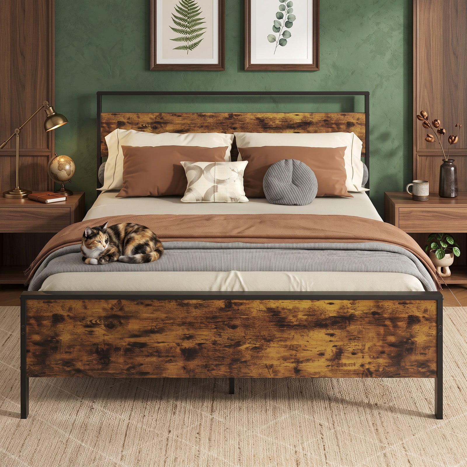 Furnibear Queen Bed Frame with Storage, Industrial Metal Platform Bed with Wooden Headboard and Under-Bed Space, Rustic Brown