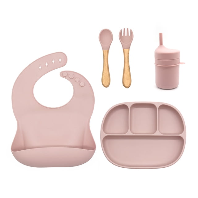 Set con vaso entrenador bebe + platos de bebe + baberos para bebe + cubiertos I BPA FREE I 5 piezas I Silicona grado alimenticio Happy Life Kit comida bebe silicona 5 pcs