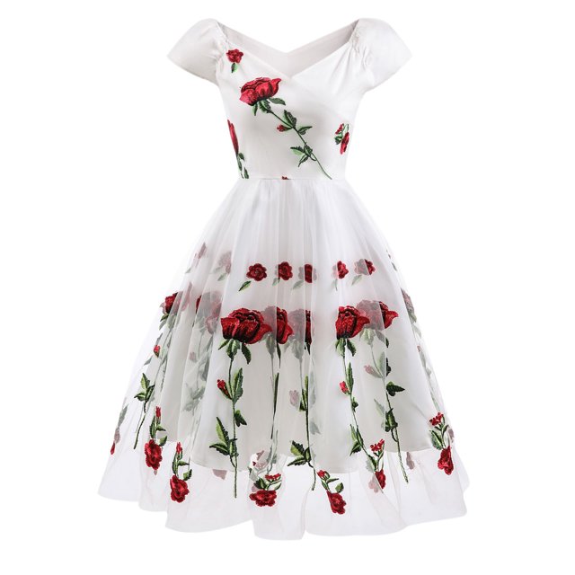Robe d'Été Femmes Vintage Rose Broderie Tempérament V-Cou Manches Courtes Net Fil Robe Dégagement