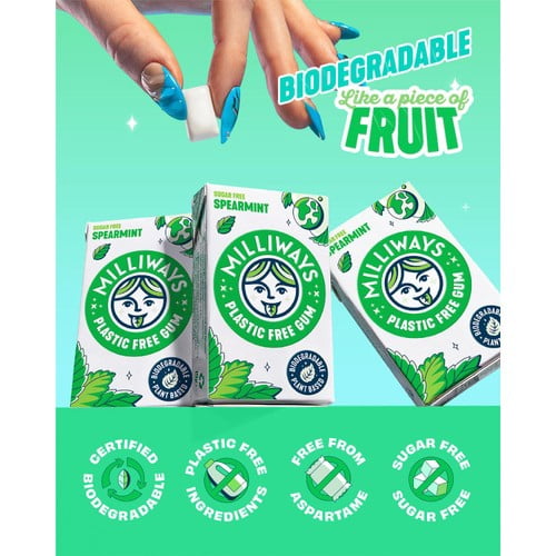 Milliways Spearmint Plastic Free Sugar Free Chewing Gum 19g, British Import (Pack of 6)