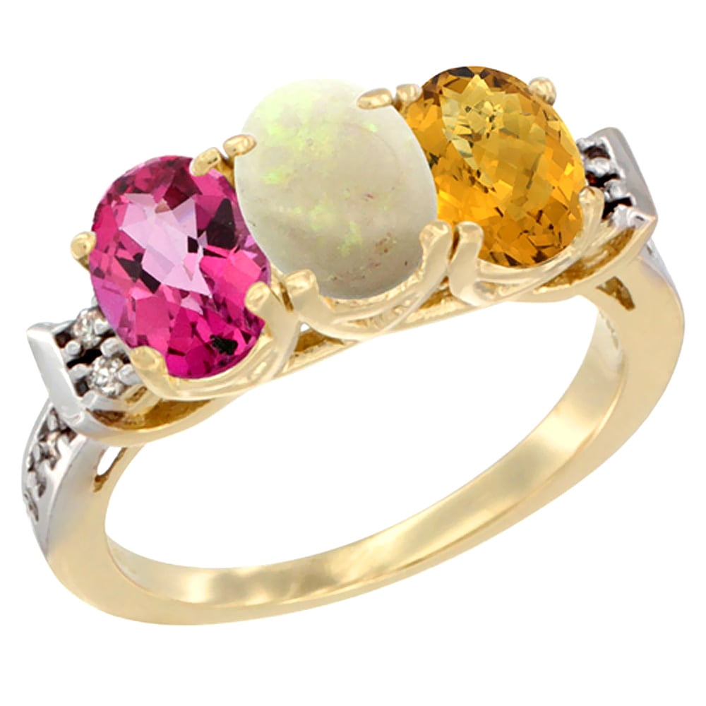 10K Yellow Gold Natural Pink Topaz, Opal & Whisky Quartz Ring 3-Stone Oval 7x5 mm Diamond Accent, sizes 5 10 by WorldJewels