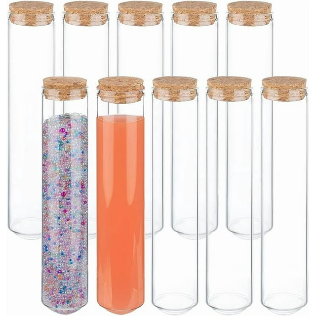 10 tubos de ensayo de vidrio de 80 ml (2,7 oz) con tapón de corcho, fondo redondo de 6,3 x 1,2 pulgadas.