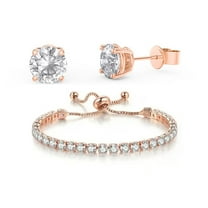 Paris Jewelry 10k Rose Gold 6 Ct White Sapphire Round Adjustable Tennis Bracelet & Earrings Plated