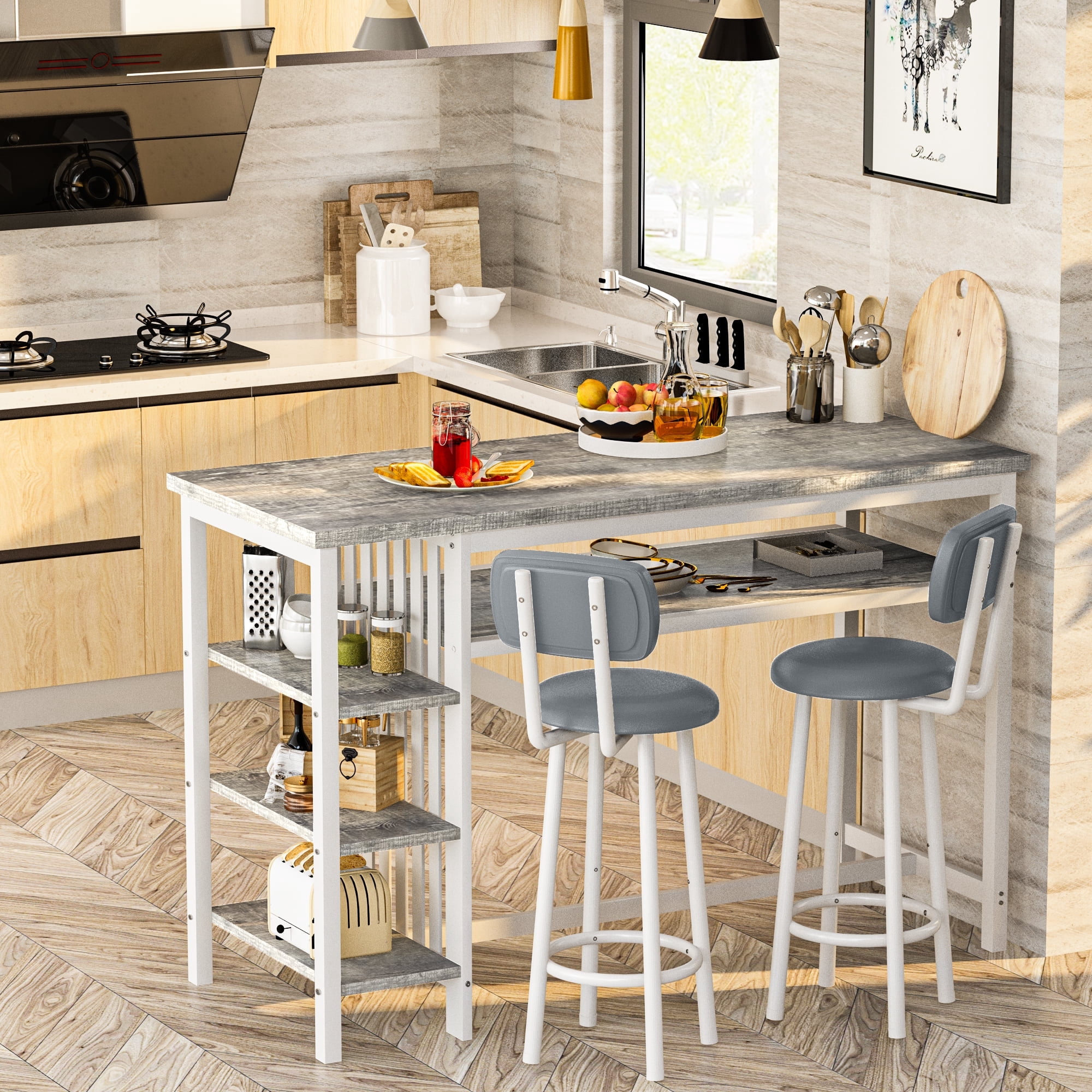 BAXLUXE Kitchen Table and Chairs, Bar Dining Table Set for 2,Dining Table with Chairs,Small Kitchen Bar Table Faux Marble Bar Table with Storage