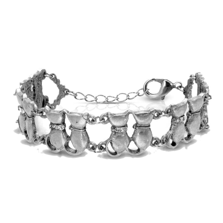 1928 Jewelry Women's Pewter Cat Charm Bracelet - Six Charms On A Textured Chain, Lobster Clasp, Made In USA