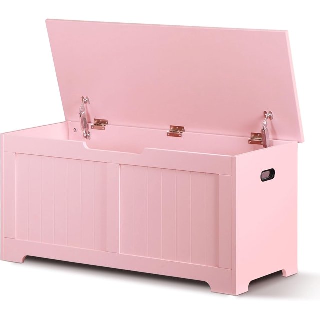 Storage Chest, 39 inches Chest Box Organizer with 2 Safety Hinges, Wooden Entryway Shoe Organizer Storage Bench, Pink