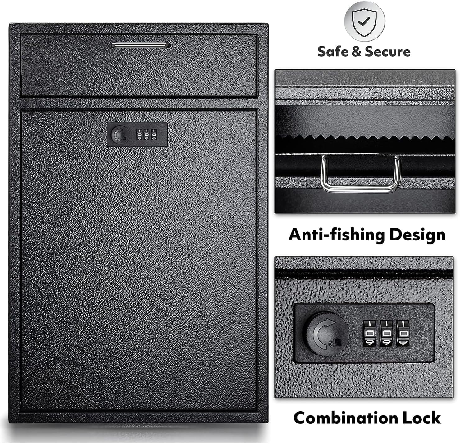 Metateel Wall Mounted Drop Mail Box with Combination Lock, Heavy Duty Steel Extra Large Mailbox, Locking Security Cash Key Drop Box for House Apartments Bussiness After Hour Deposit, Black