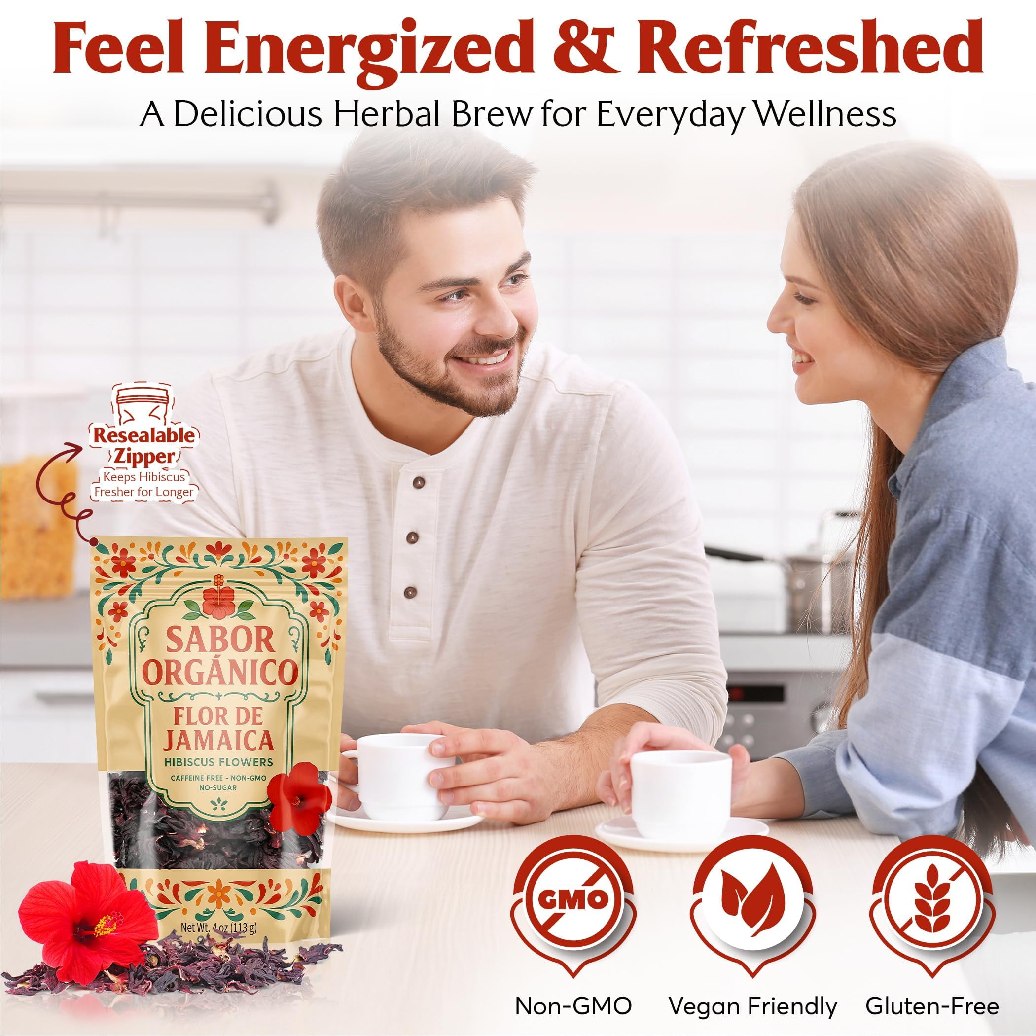 2LB Whole Dried Hibiscus Flowers (Flor de Jamaica) for Hibiscus Tea & Mexican Agua Fresca | Natural, Non-GMO, No Preservatives | Includes Resealable 1lb Stand-Up Pouches | Sabor Orgánico