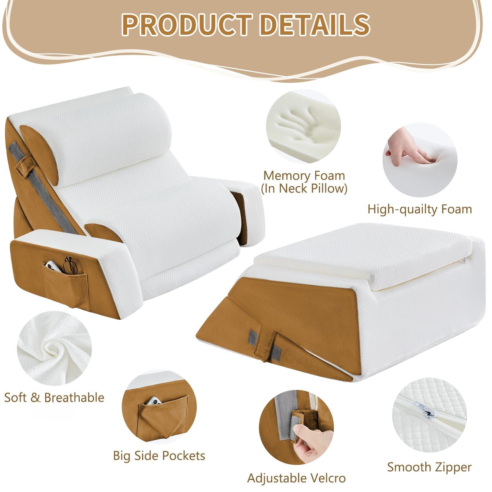 9pcs Bed Wedge Pillow Set For Sleeping  And Leg Foam Body Triangle Adjustable Support - Acid Reflux Pillows Brown