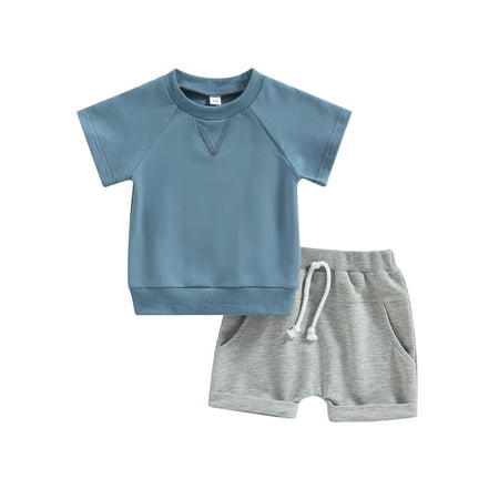 

Toddler Baby Boys Summer Clothes Set Short Sleeve O Neck Solid Color T-Shirt Tops Drawstring Short Pants Outfits