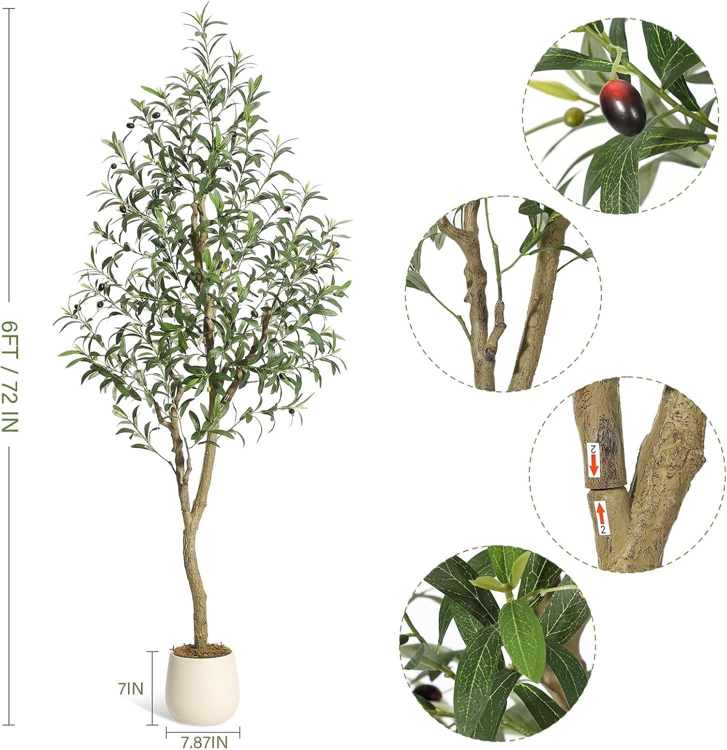 6FT Faux Olive Tree Tall,Olive Trees Artificia Indoor with White Planter and Green Moss, Fake UV Resistant Artificial Tree,for Home Office Living Room Bedroom Stairs Foyer Decor
