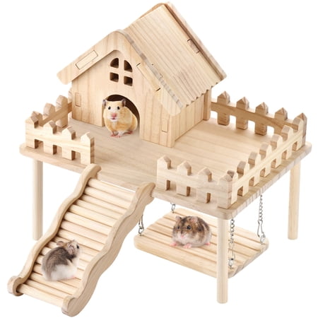 Wooden Small Animal Play Set With Platform Ramp and Swing