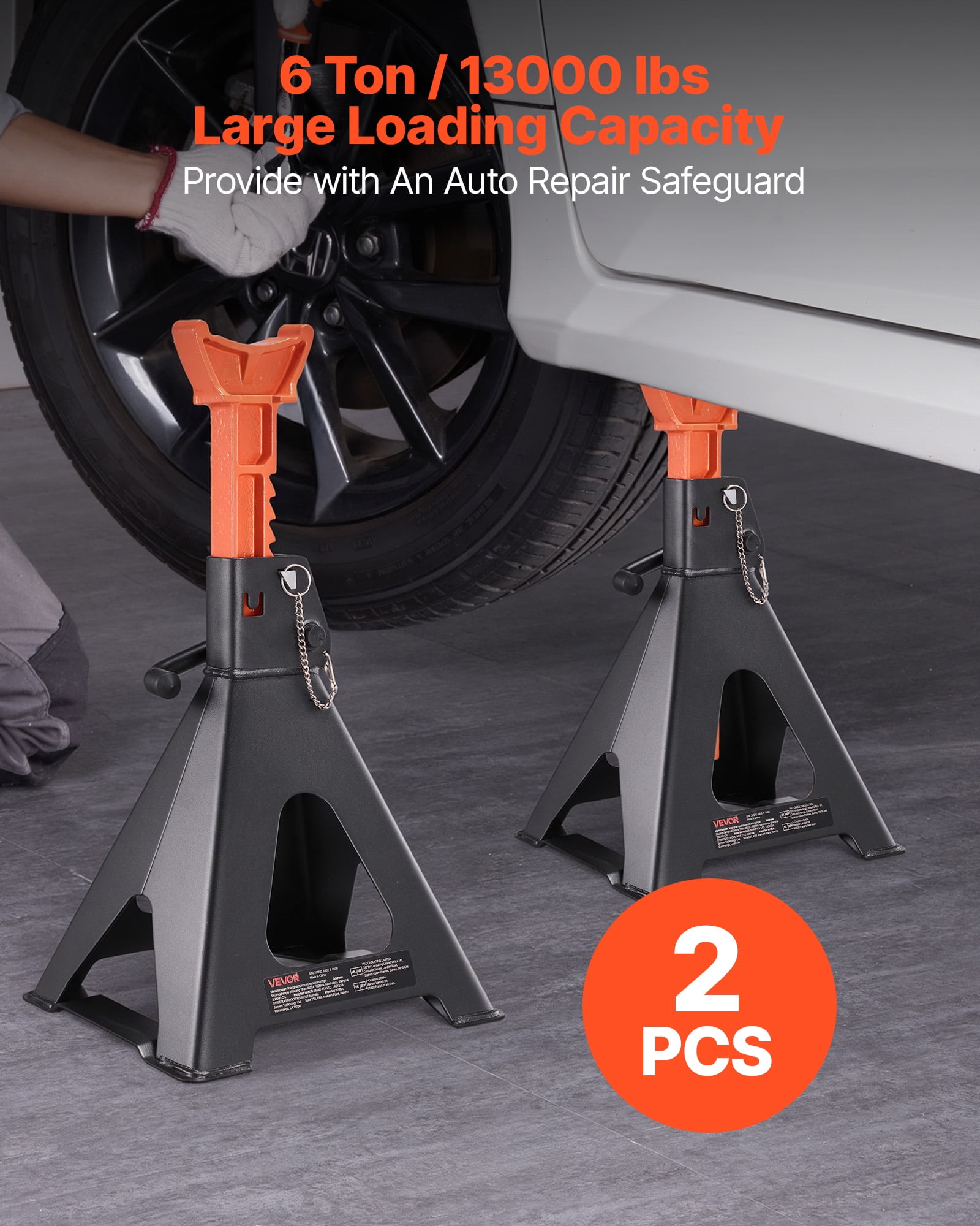 VEVOR Jack Stands, 6 Ton (13,000 lbs) Capacity, 14.6-22.8 in Adjustable Height, Heavy Duty Steel Jack Auto Stands with Double Locking, for Lifting RV, Small Truck, Car, SUV, 1 Pair, Black and Orange