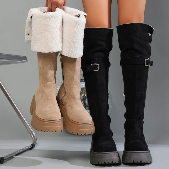Lovzfmll Knee High Boots Women, Boots High Heel Warm, Mid Heel Round Toe Winter Snow Chunky Boots Casual Black Boots